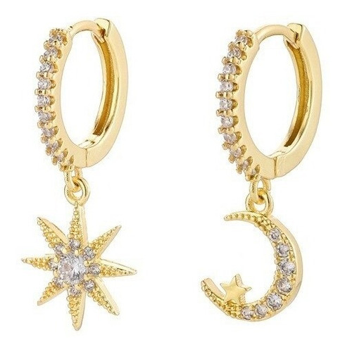 Aros Estrella Y Luna Zircon Baño 18k Strass Brillo Argolla 