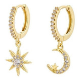 Aros Estrella Y Luna Zircon Baño 18k Strass Brillo Argolla 