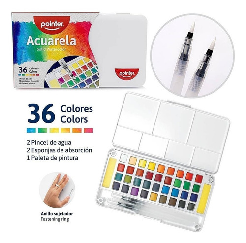 Acuarela 36 Colores + 2 Aqua Brush + Mezclador