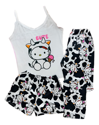 Pijama De Hello Kitty Vaca 3 Piezas Short Pantalón Blusa
