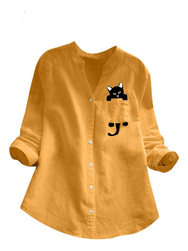 Camisa De Mujer De Lino Con Estampado De Gatos