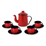 Conjunto Café Esmaltado C/ 9 Peças Qualidade Ewel Cor Vermelho