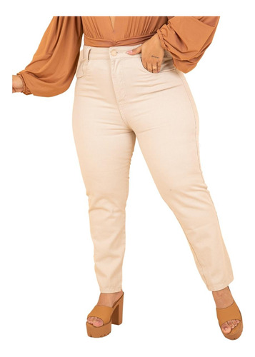 Calça Mom Jeans Bege Plus Size Básica Cintura Alta Estilosa