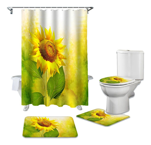 4pcs Set De Cortina De Ducha Antideslizante Flor De Girasol