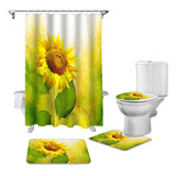 4pcs Set De Cortina De Ducha Antideslizante Flor De Girasol