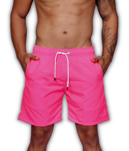 Short Masculino Bermuda Praia Tactel Liso Neon Rosa