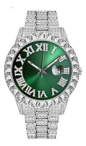 Reloj De Estilo Hip Hop Con Cristales, Unisex Color De La Correa Plateado Color Del Fondo Verde