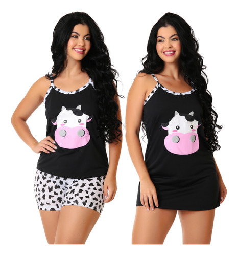 Kit Conjunto De Dormir Vaquinha Short Doll Camisola Verão