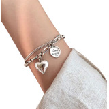 Pulsera Doble Capa Colgante Corazón De Moda Plata Ley 925