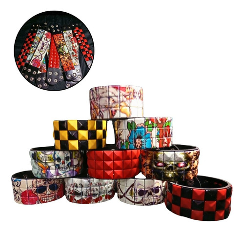 12 Braceletes Pulseiras Xadrez Rock In Roll Rebite Caveira