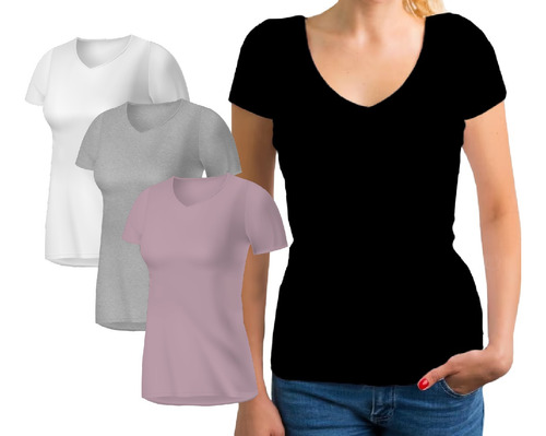 Pack X4 Remera Mujer Cuello V Lisa Manga Corta 100% Algodon 