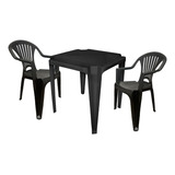 Mesa Plástica Jantar Quadrada 70cm 2 Cadeiras Poltrona Black