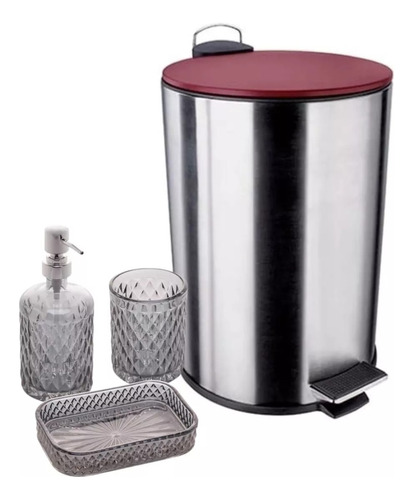 Kit Banheiro Lixeira Saboneteira Escova Lavabo Inox Red 4 Pç