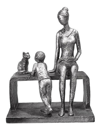 Estátua Escultura Mãe E Filho Com Gato Gatinho Decorativo