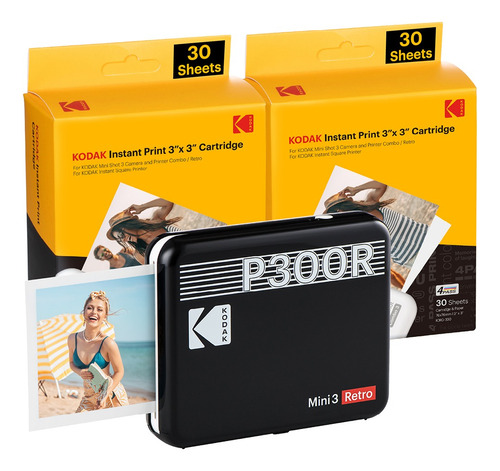 Kodak Mini 3 Retro Impresora Portátil + 68 Hojas Color Negro