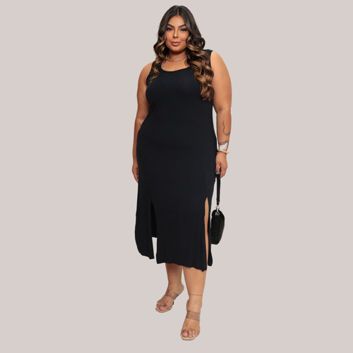 Vestidos Plus Sizes Regata Midi Feminino Soltinho Casual