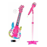 Set Guitarra Microfono Pedestal Juguete Mp3 Luces Rosada