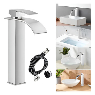 Grifo Monomando Mezclador Para Lavabo Baño Inoxidable 30cm Acero Inoxidable Mezclador de Baño Alto, Lavabo Monomando Lavabo Grifo 1 Agujero con 2 Mangueras de Agua Caliente y Fría | Envío gratis