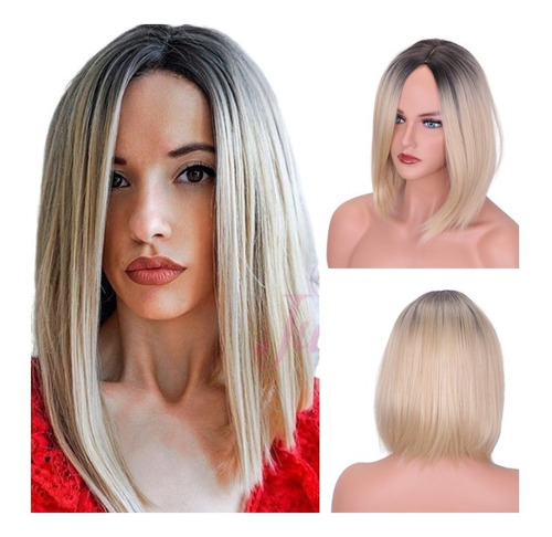 Peruca Wig Curta Idêntica A Cabelo Humano Ombre Loira + Cap