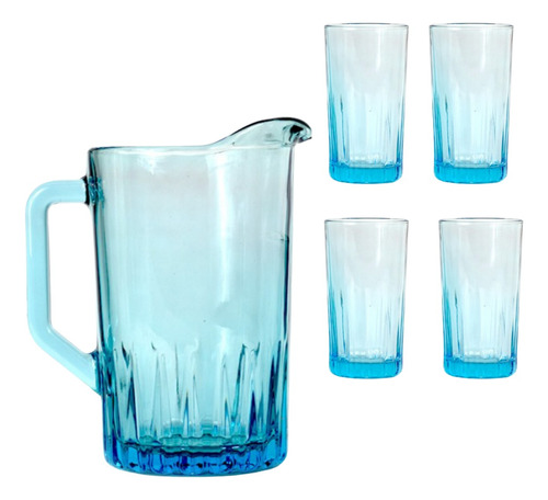 Juego De Agua 1 Jarra 1.6 Lt Y 4 Vasos 390ml Kristalino Azul