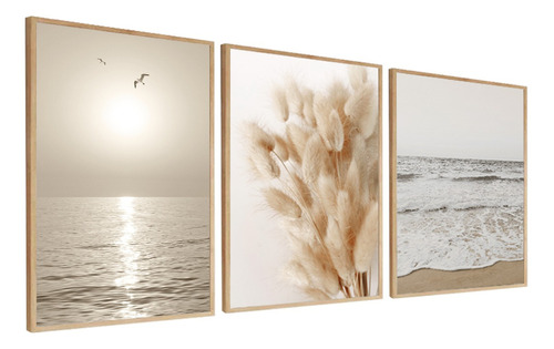 Quadros Decorativos Praia Folhagem Bege Luxo Boho Com Vidro