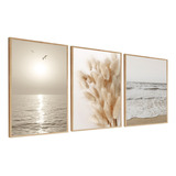 Quadros Decorativos Praia Folhagem Bege Luxo Boho Com Vidro