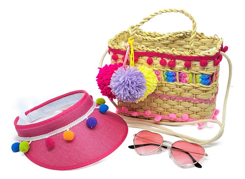 Kit Verão Viseira E Bolsa Palha Pink Colors E Óculos Coração