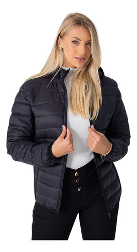 Jaqueta Feminina Puffer Bobojaco De Nylon Ao Frio Com Capuz