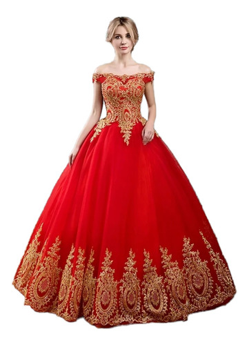 Vestido De Quinceañera Barato  Elegante Color Rojo Y Dorado