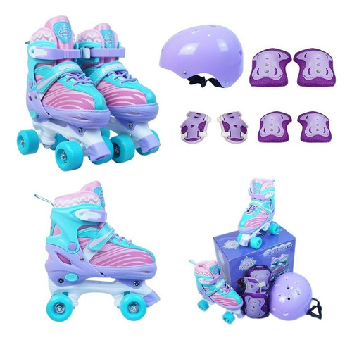 Patins Infantil Roller Quad 4 Rodas + Kit Proteção Capacete