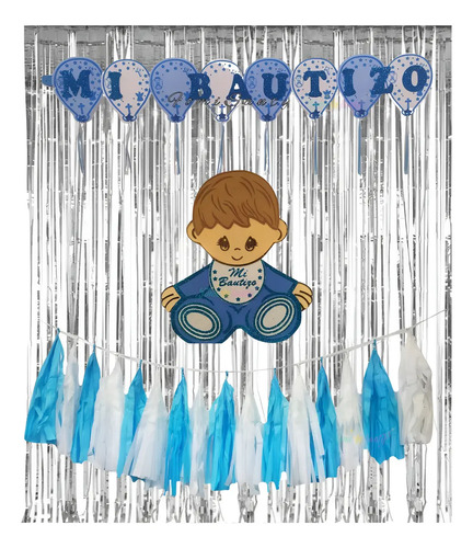 Letrero De Globo Mi Bautizo 1m + Figura+ Guirnaldas+cortina