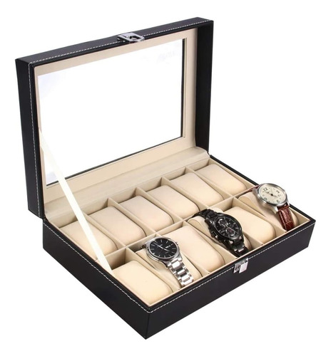 Estuche Organizador 12 Relojes Cuero Sintetico Negro Envioya