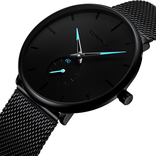 Reloj Hombre Lujo Delgado Malla Acero Crrju 2150 Negro Azul