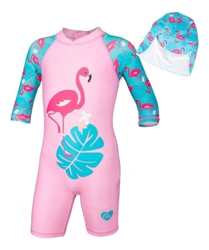 Traje De Baño Niñas Patrón De Flamingo + Gorro Sol 2024