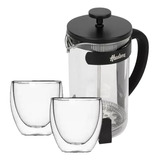 Set Cafetera 600 Ml Embolo Negra Dos Vasos Termicos Hudson 