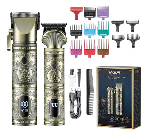 Set X2 Máquina Cortar Pelo + Patillera Vgr V-670 Metal Usb Color Dorado