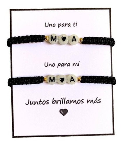 Dúo Pulseras Iniciales Corazón Luminiscente Novios Pareja