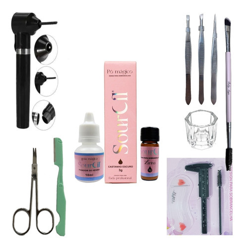 Kit Sourcil Henna Profissional Pincel Navalha Tesoura Dappen Cor Castanho Escuro