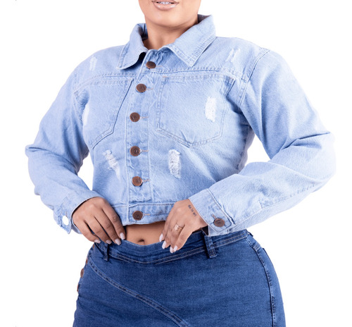 Jaqueta Jeans Plus Size Feminina Cropped Curta Sem Lycra