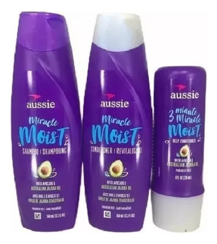 Kit Aussie Miracle Moist Shampoo + Condicionador + 3 Minutos