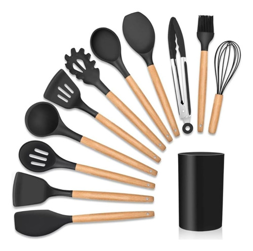 Kit Utensílios Cozinha Silicone C/ Madeira Moderno Cozinha