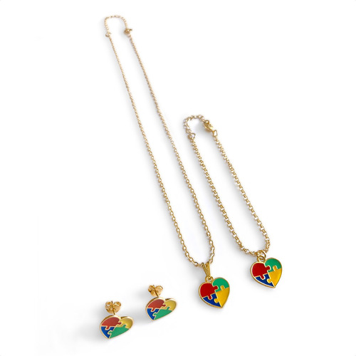 Conjunto Coração Autismo Pulseira Colar Brinco Lapida Kids