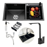 Cuba Pia Gourmet Dupla Preta Cozinha Aço Inox + Torneira