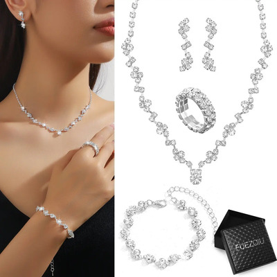 FUEZOIU Kit 4 Pz Joyería Juego De Collar Pulsera Pendientes Y Anillo Para Novia Mujer Plata Regalos de San Valentín Regalo para el Día de la Madre, regalo para mamá | Envío gratis