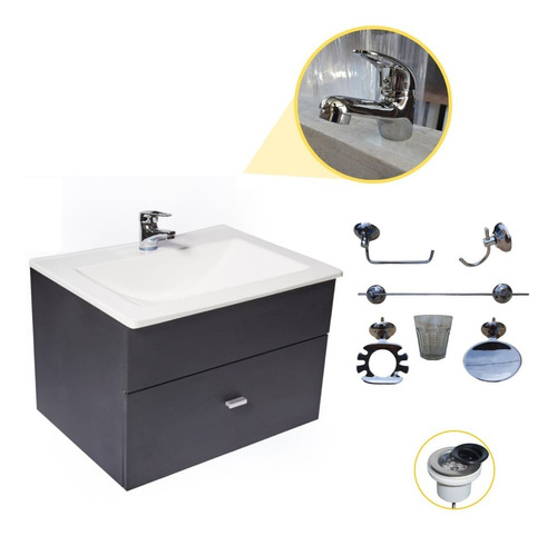 Vanitory Baño Colgante Laqueado 60cm Grifería Kit De Baño