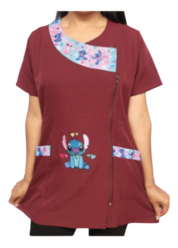 Delantales Profesoras  Stitch Bicolor Burdeo Manga Corta