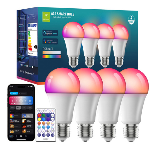 4 Focos Inteligente Led Rgbcw Wifi Bombilla Alexa Multicolor 9w E27 800lm Remoto Control De Voz Compatible Con Alexa Google Home Siri