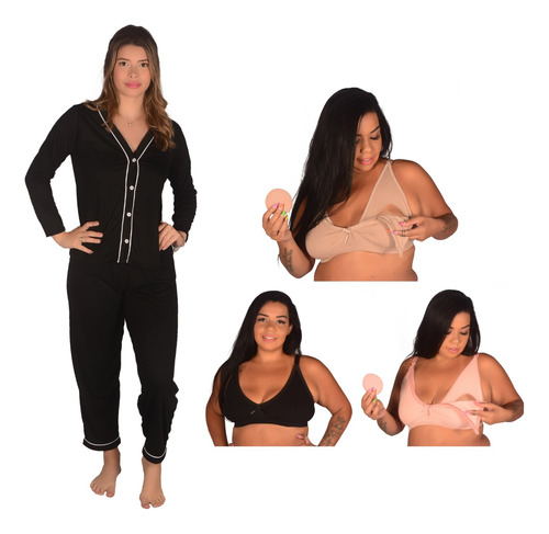 Kit 3 Sutiãs Amamentação Plus Size +1 Pijama Americano Longo