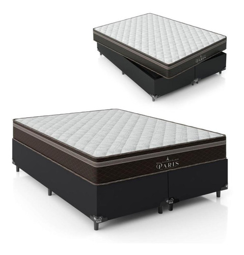 Cama Box Queen Bipartido+ Paris Molas Ensacadas- Couro Preto