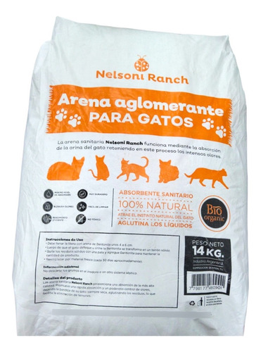 Nelsoni Ranch Arena Piedras Aglomerantes Bentonita Gato 14kg X 14kg De Peso Neto  Y 14kg De Peso Por Unidad